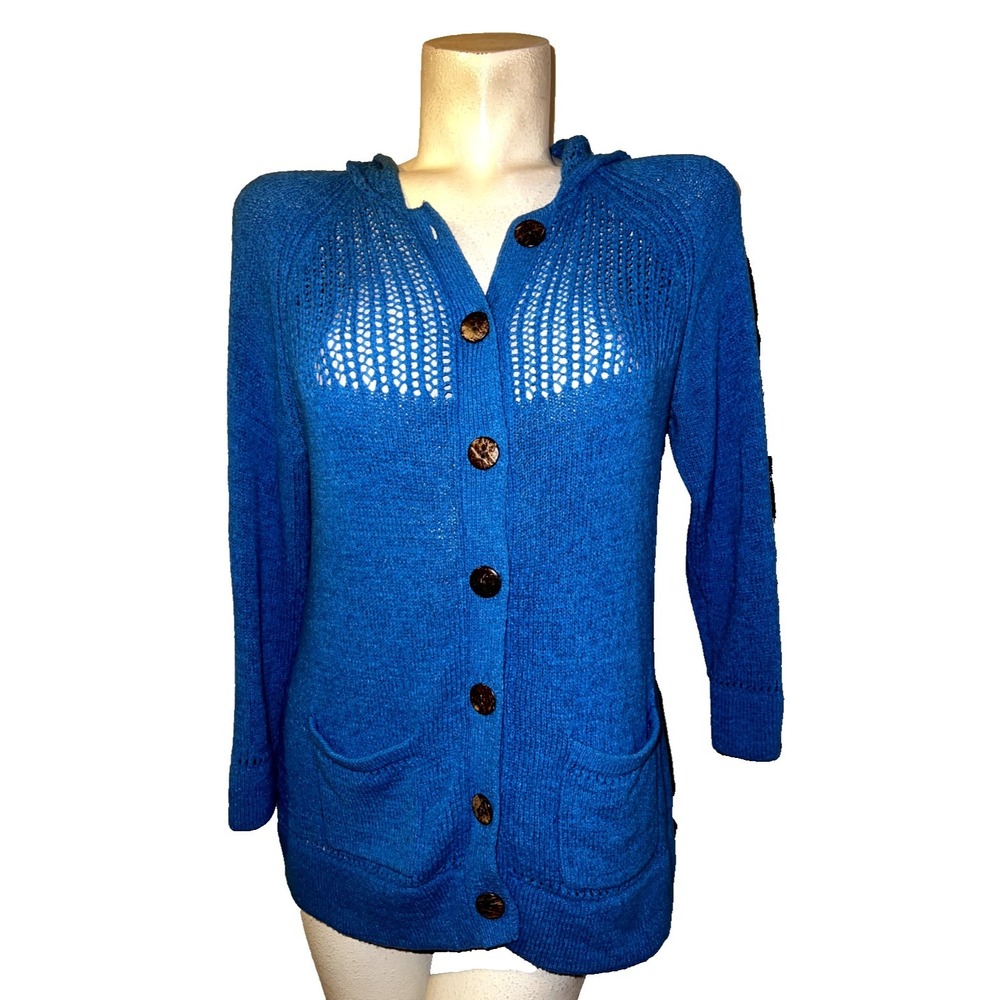Chicos Blue Hooded Pointelle Knit Cardigan Sweater Size 1 Medium Cotton Blend
